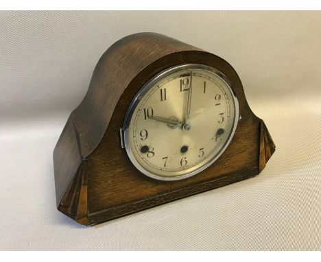 Art Deco oak cased mantle clock with key and pendulum 