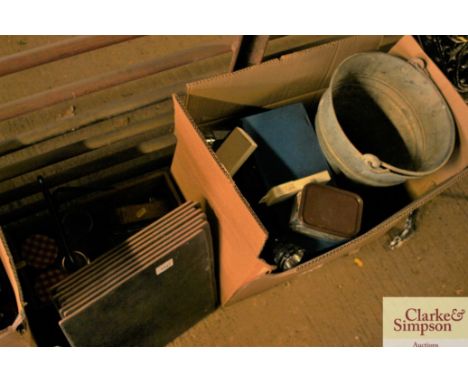 A box of various tools together with a quantity of tiles and a trug of various fittings