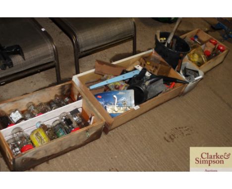 Three drawers of various fittings and two plastic tubs of hand tools 