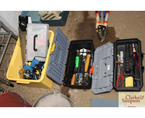 Two tool boxes and contents and a plastic tub and contents of various hand tools and fishing gear 
