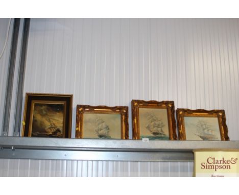 A framed Oleograph depicting a ship at sea together with three gilt frame oils on canvas studies depicting ships at sea