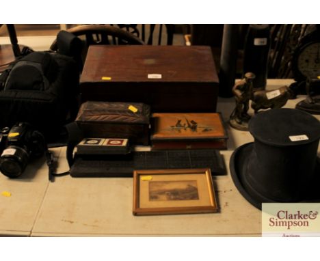 A writing slope together with a small trinket box; bagatelle board; small framed print etc