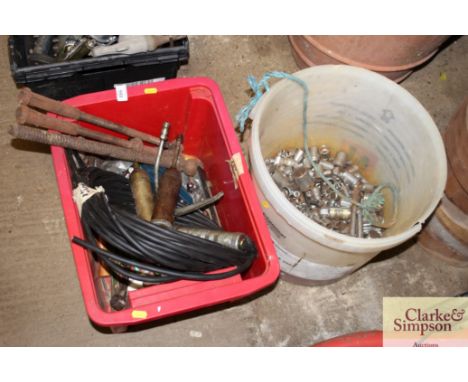 A bucket of various sockets and a box of various sundry tools etc.