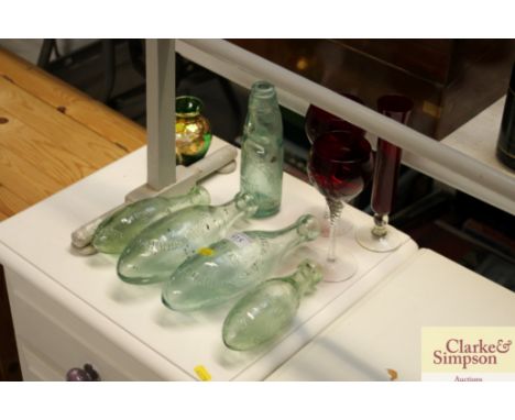 A quantity of vintage Green King bottles; ruby glassware etc