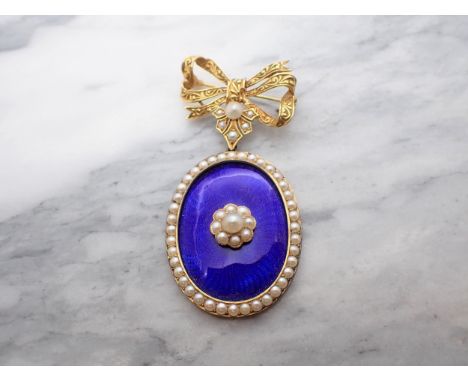 A Pearl and Blue Enamel Brooch/Pendant oval plaque with guilloche enamel within pearl frame and pearl cluster to centre suspe