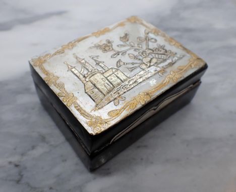 A Continental rectangular Snuff Box the hinged lid with mother of pearl inlaid castle and flowers within border, the interior