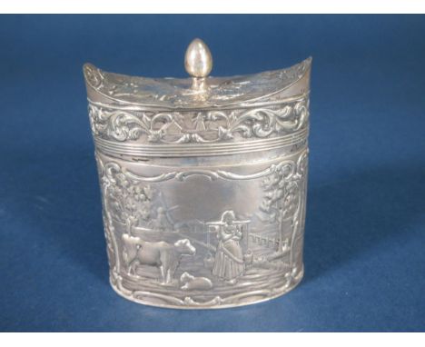 A Dutch silver oval Tea Caddy embossed milk maids and cows in rural landscape 