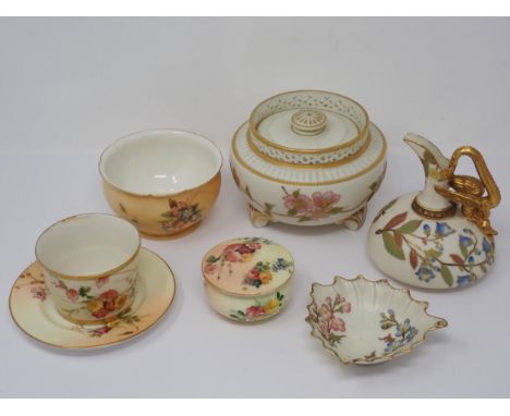 A Royal Worcester squat Jug with gryphon moulded handle, a lidded Trinket Dish, two Bowls, a Dish and a lidded Jar, all blush