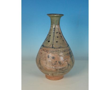 A Yuan Dynasty Chinese Vase, pear-shaped, with flared rim, having floral and scroll designs in blue glazes, 9 1/2in H 