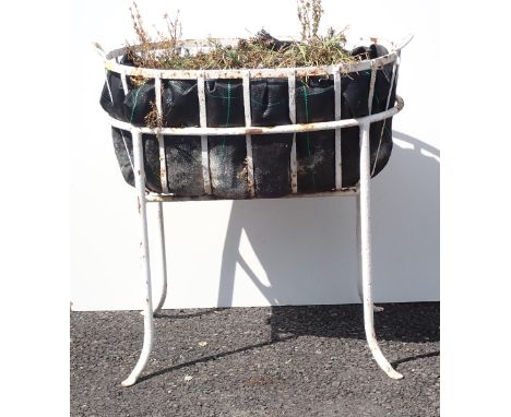 A white painted iron Basket Planter with remnant Oxford Street Label 2ft 8in H x 2ft 6in W 