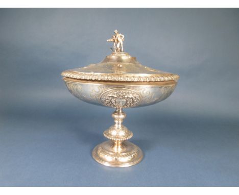 A Victorian silver Pedestal Bowl and Cover, the lid with figure and anchor finial, four embossed oval bust portrait medallion