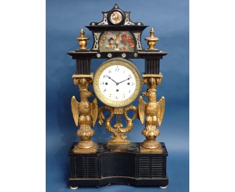 A 19th Century ebonised musical Mantle Clock, the shaped pediment with diorama of swan amongst flowers with mother of pearl d