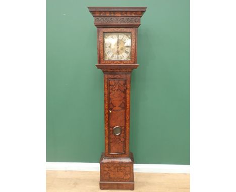 An 18th Century marquetry Longcase Clock with brass square dial, the silvered chapter ring inscribed John Shaw, Holborn, with