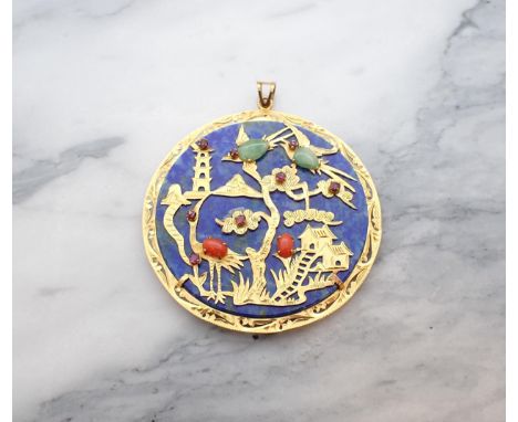 A Chinese gem-set Lapis Lazuli Pendant the disc applied gold mounts depicting landscape scene with birds and pagodas set garn