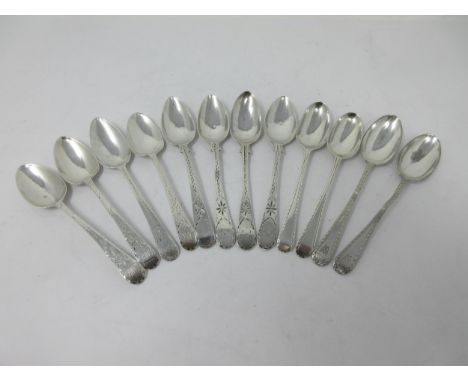 Four George III silver bright-cut Teaspoons engraved initials, maker: R. Ferris and eight others, similar, two plated 