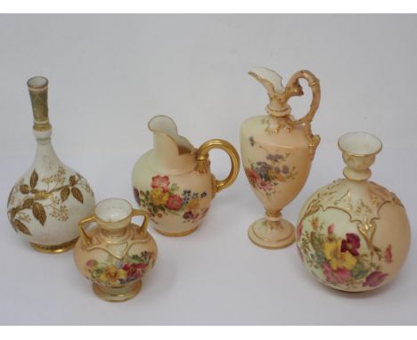 A Royal Worcester small bulbous Vase, a small Ewer Vase, a two-handled Vase, a Jug, blush ivory, and a slender Vase in white 