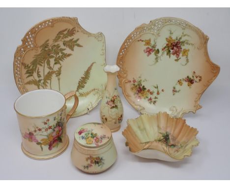 A Royal Worcester Mug, moulded tapering Vase, lidded Trinket Dish, and a pair of shaped Plates with pierced edges, and a shel