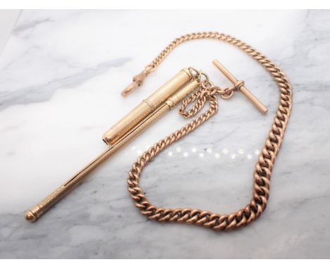 9ct Gold Graduated Watch Albert, A 9ct Gold Swizzle Stick and A 9ct Gold Retractable Pencil. Chain length approx 31cm. Approx