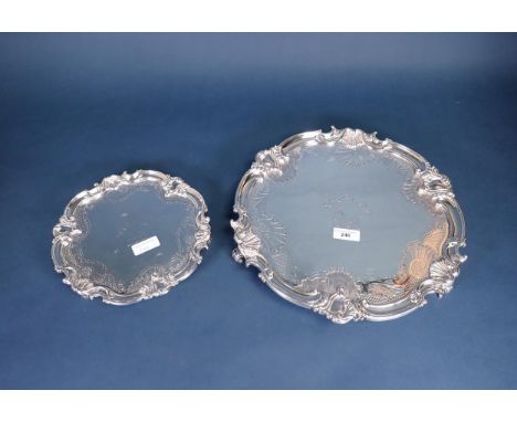 A Victorian silver Salver and matching Waiter of shaped circular form having scallop and scroll border, scale engraving, goat