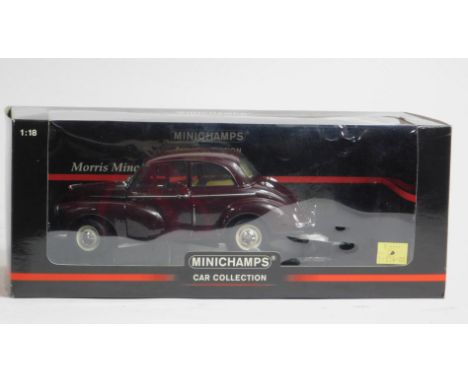 A Mini Champs die cast metal model of a Morris Minor, scale 1:18, boxed.