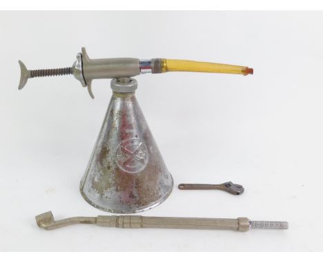 A Reddex fuel additive injector, of conical form surmounted by syringe, with a air compressor tyre attachment and small adjus