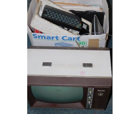 A vintage portable Deca screen, with front circular tuning knops, and side speaker, with handle and metal ariel, 26cm high, 4