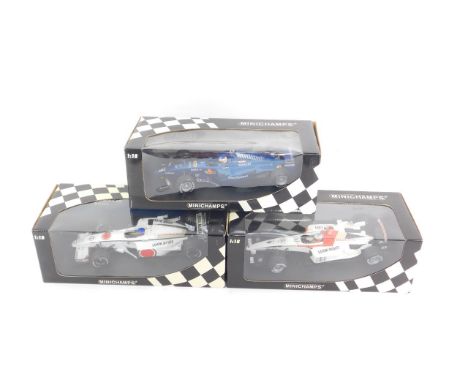 Three Minichamps of Racing cars, scale 1:18, comprising BAR Honda show car 2001, J Villeneuve, limited edition 3000, BAR Hond