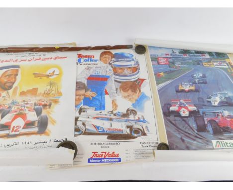 A UAE Dubai Motor Racing poster, Jeb's Helmets poster signed by Johnny Cecotto, further motor racing posters and a Theodore R