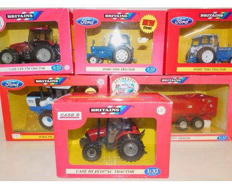 Six Britains die cast models of tractors, scale 1:32, comprising Ford 5000 tractor, Case IH JX1075C tractor, Case CBX 170 tra