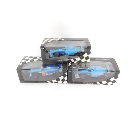 Three Minichamps Racing Cars, scale 1:18, comprising Benetton Playlife B200, Jenson Button, First Test Drive; Jerez, Dec 5th 