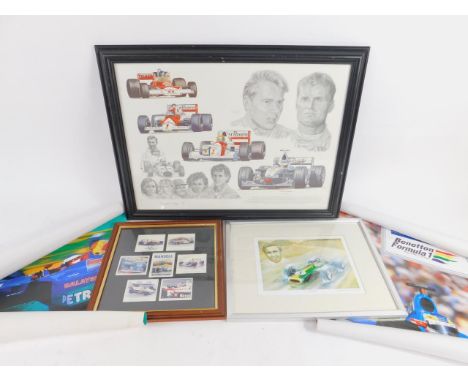 Stuart McIntyre. A Tribute to McLaren, print, 41.5cm x 58cm; seven Golden Era Mansell cards, one signed, framed and glazed; a