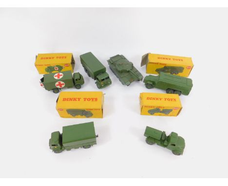 A Dinky Toys Army Covered Wagon, 623; Army Water Tanker, 643; Armoured Command Vehicle, 677; and a Military Ambulance, 626, a