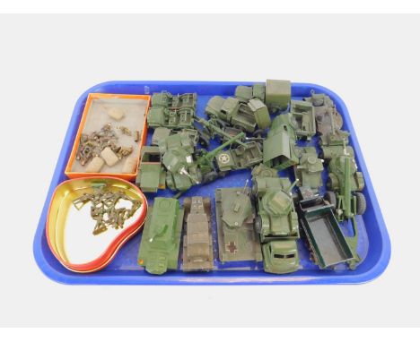 Dinky die cast armoured vehicles, including a 3 ton army wagon, three armoured cars, three army 1 ton cargo trucks, and an ar