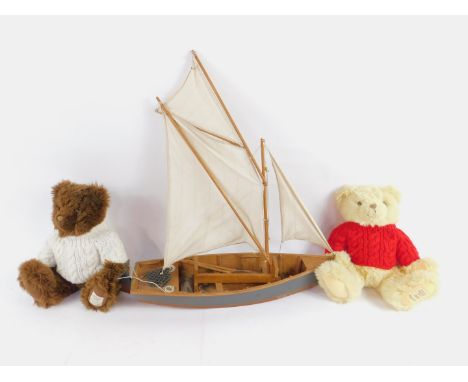 A Georgio Beverley Hills 20th Anniversary Collectors Bear, a 2000 Collectors Bear, and a wooden scale model of a fishing boat