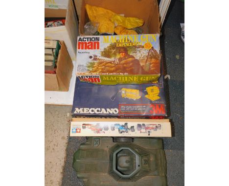 A Meccano Motorised Set No 3M, a Tamiya scale model of a Yardley McLaren M23, Action Man Machine Gun Emplacement, all boxed, 