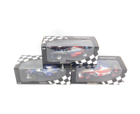 Three Minichamps scale models of racing cars, 1:18, comprising a Renault, Heinz Harold Frentzen, 2002 US Grand Prix event car