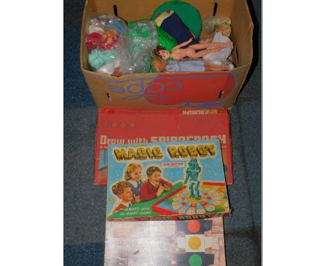 Games including Magic Robot Take the Test and a Spirograph, together with Swingin Sally and other dolls and accessories. (qty