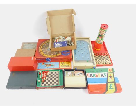 Games and toys, including a Muffin The Mule puppet, two travelling chess sets, playing cards, Kaleidoscope and a Bagatelle ga