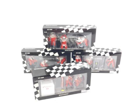 Four Minichamps scale models of Pit Stop figures, 1:18, various poses and activities, each set containing three figures, boxe