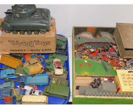 Dinky and other die cast vehicles, some military, mostly play worn, together with lead and plastic soldiers, Cowboys and Indi