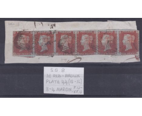 Great Britain - 1841  1d Red-Brown, Plate 44.  Scarce strip of six, 1G-1L, fine used with 3-4 margins - a very attractive ite