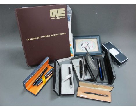 A Waterman Fountain Pen, in black case with 14K nib and a selection of eight Waterman, Cross and Parker pens, a Saab ballpoin