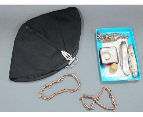 A Silver Hallmarked Albert Chain, fruit knife with silver blade, ladies marcasite ring, clutch bag.
