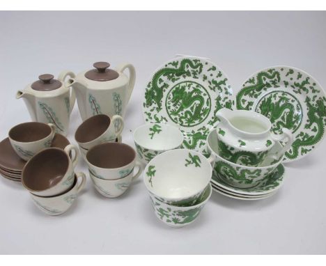 A Poole Pottery Feather Drift and Brown Coffee Service, of fifteen pieces and Chinese dragon teaware of ten pieces.