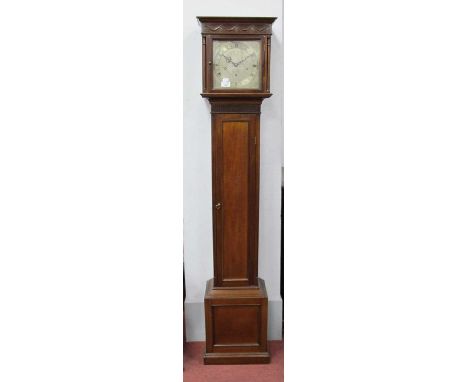 A 1920's Mahogany Musical Grandmother Clock, the hood with swag detail, silvered engraved dial with Roman numerals, the trunk