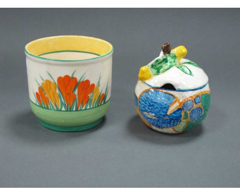 A Newport Pottery Clarice Cliff Bizarre 'Melon' Pattern Preserve Pot, rim chip/crack, with associated lid, 4.5cm high and a C