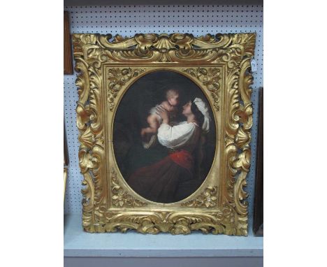 CONTINENTAL SCHOOLMother Holding Child Aloft, she wears a white blouse and cap and dark red skirt, oil on canvas, oval,56 x 4