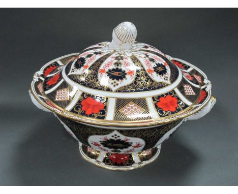 A Royal Crown Derby Porcelain Soup Tureen and Cover, with acorn finial, of two-handled circular footed form, decorated in Ima