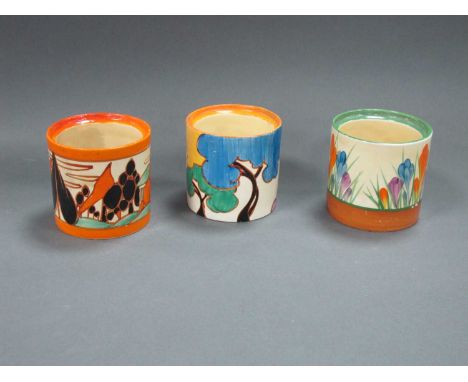 A Clarice Cliff Brice Rogers Fantasque Preserve Pot, in the 'Tree and House' pattern, 7.5cm high (faults) and a Fantasque 'Bl