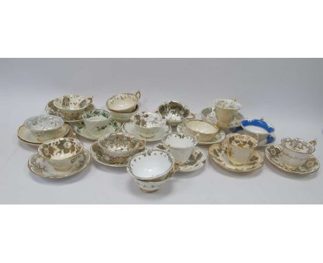 A Collection of Rockingham Porcelain Teawares, to include eleven teacups and saucers, a trio and odd cups and a saucer, patte